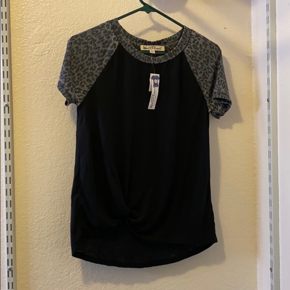 NWT black top with leopard sleeves